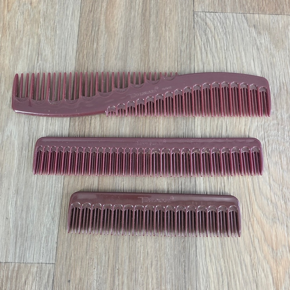 Vintage Tupperware Combs Set of 3 Burgundy Plum Retro Hair Care 1540 1541 1542